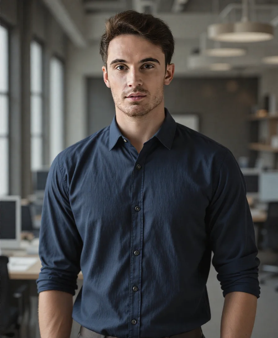 Immagine frontale professionale generata ai di un uomo in un ufficio al chiuso con un abito blu scuro da AI Ease