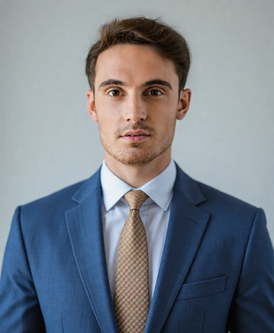 Immagine di testa professionale maschile generata ai in studio con abito blu e cravatta marrone da AI Ease