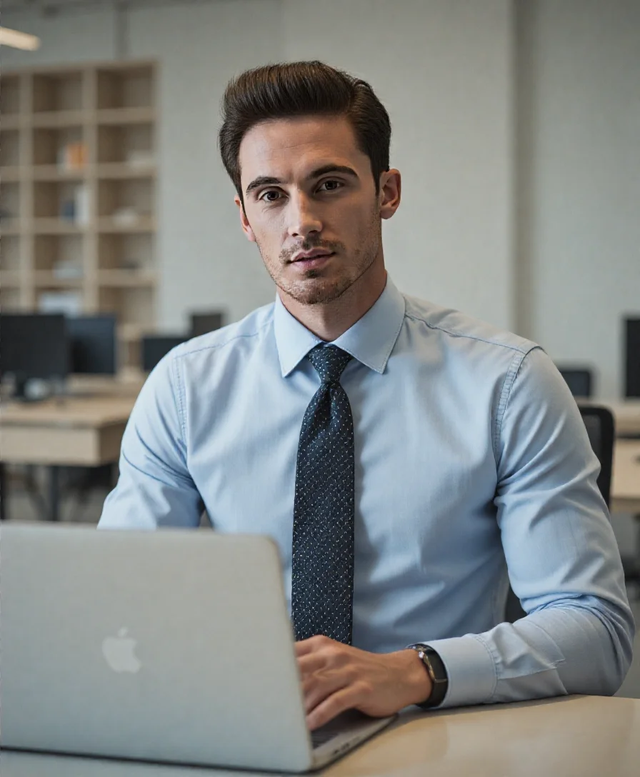 ai generated professional office headshot of a man in blue suit and tie sitting in front of a table and computer from AI Ease