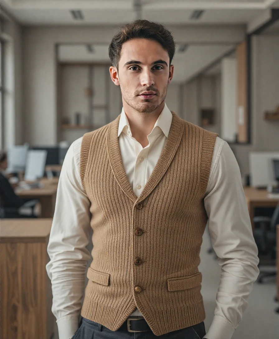 ai professionale di un uomo in abito marrone chiaro con gilet da AI Ease