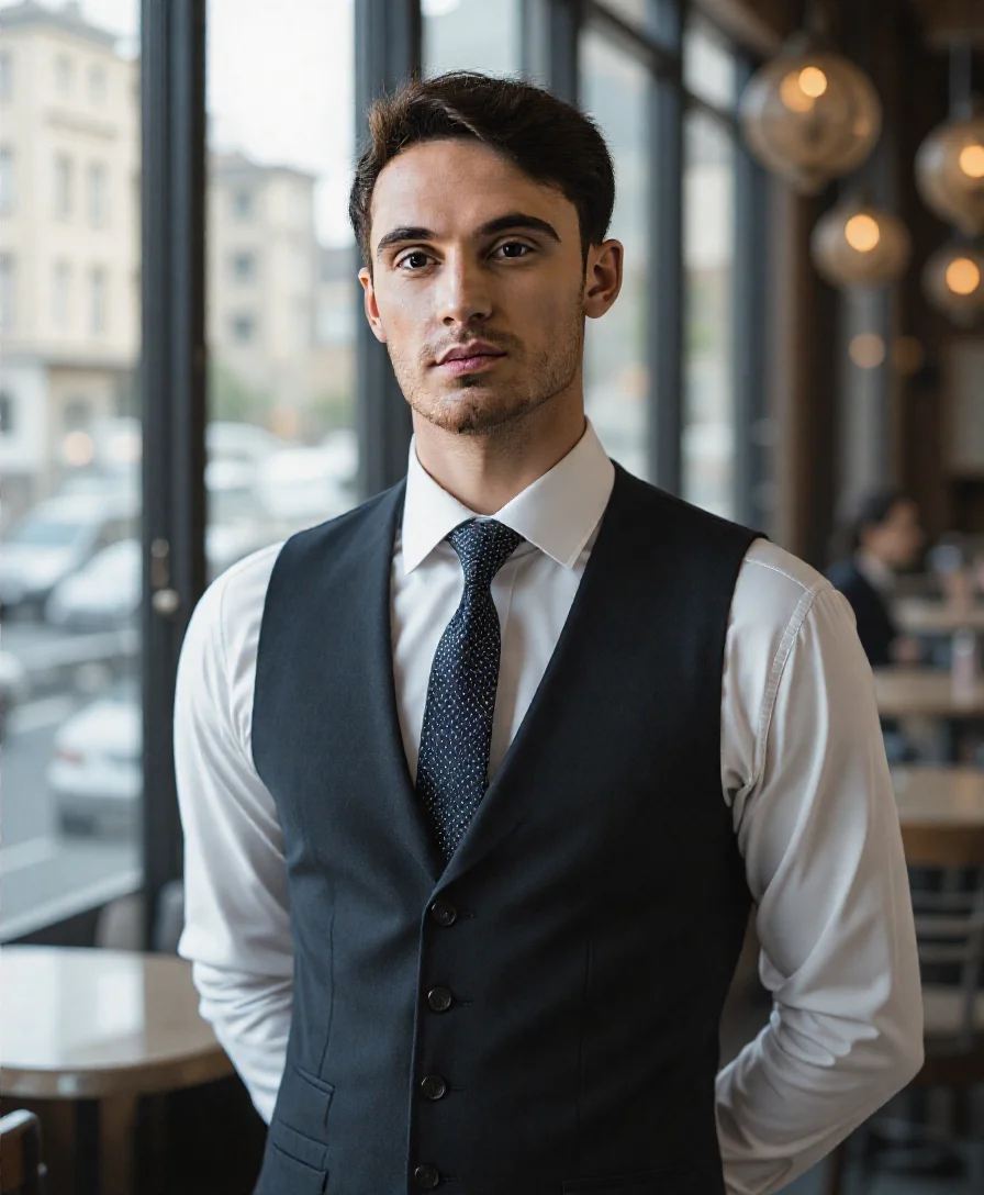 Immagine frontale professionale generata ai per interni di un uomo che indossa un gilet da abito bianco e nero da AI Ease