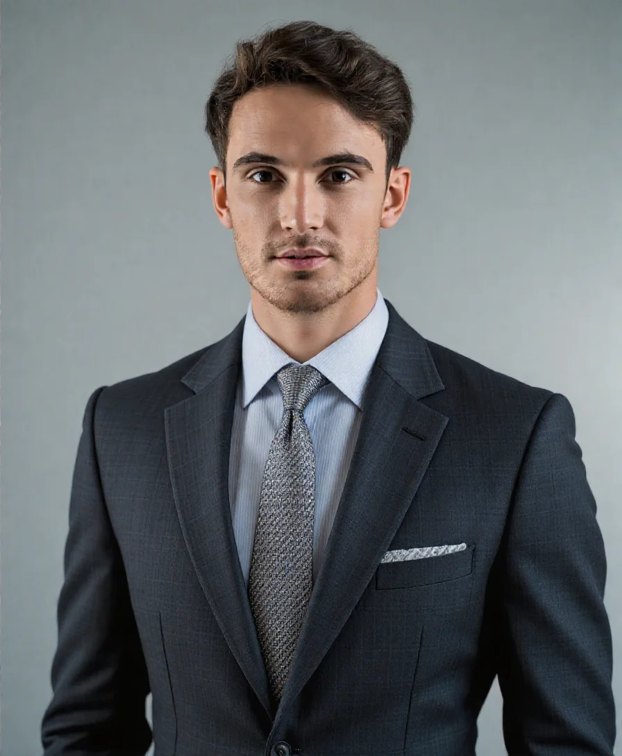 ai headshot di un uomo in abito nero con sfondo pulito da AI Ease