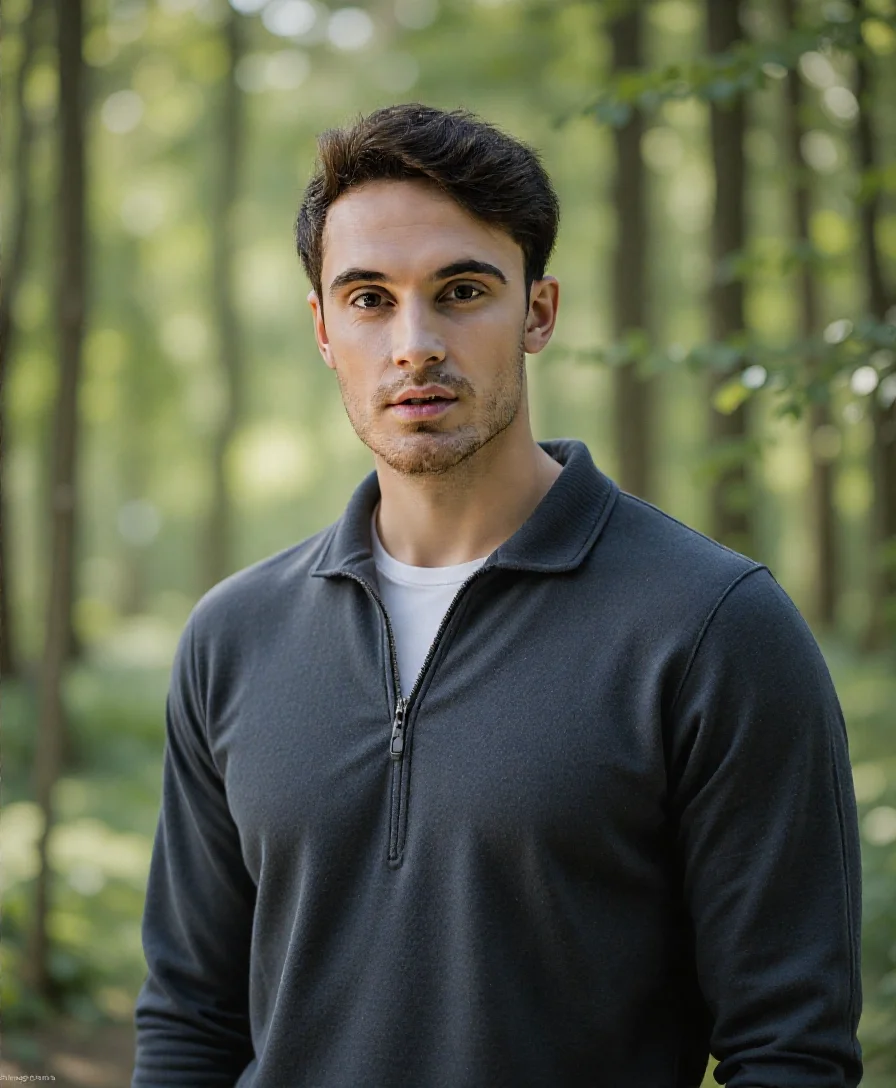 Immagine frontale generata ai di un uomo in abiti casual con sfondo di bosco da AI Ease