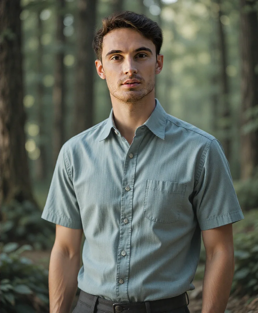 ai generato headshot all'aperto con camicia verde chiaro con sfondo bosco