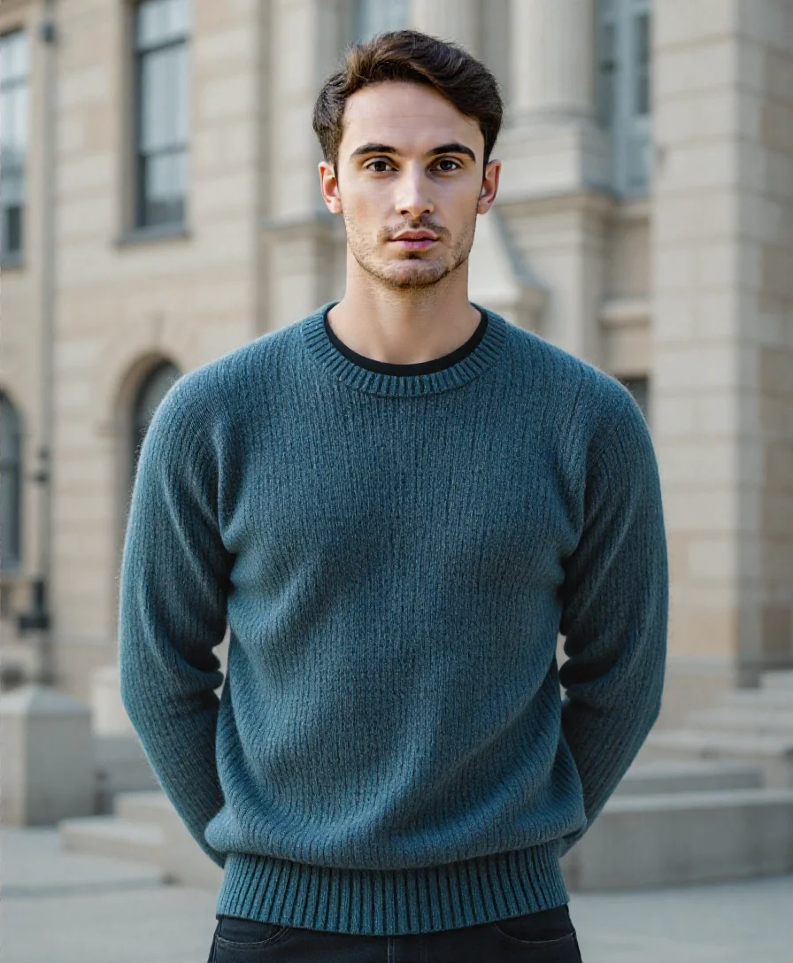 Immagine frontale professionale generata ai di un uomo in esterni che indossa un maglione a coste su una t-shirt nera da AI Ease