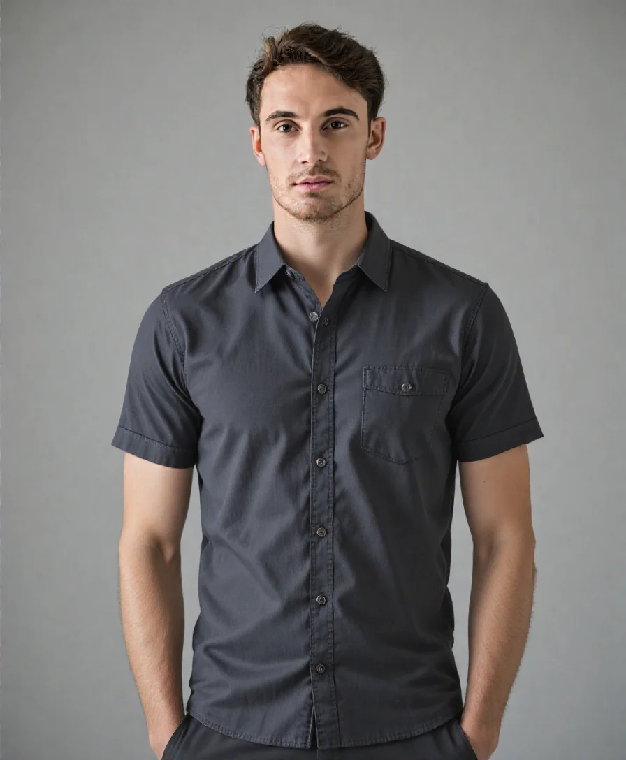 Immagine frontale professionale da studio generata ai di un uomo che indossa una camicia a maniche corte grigio scuro da AI Ease.