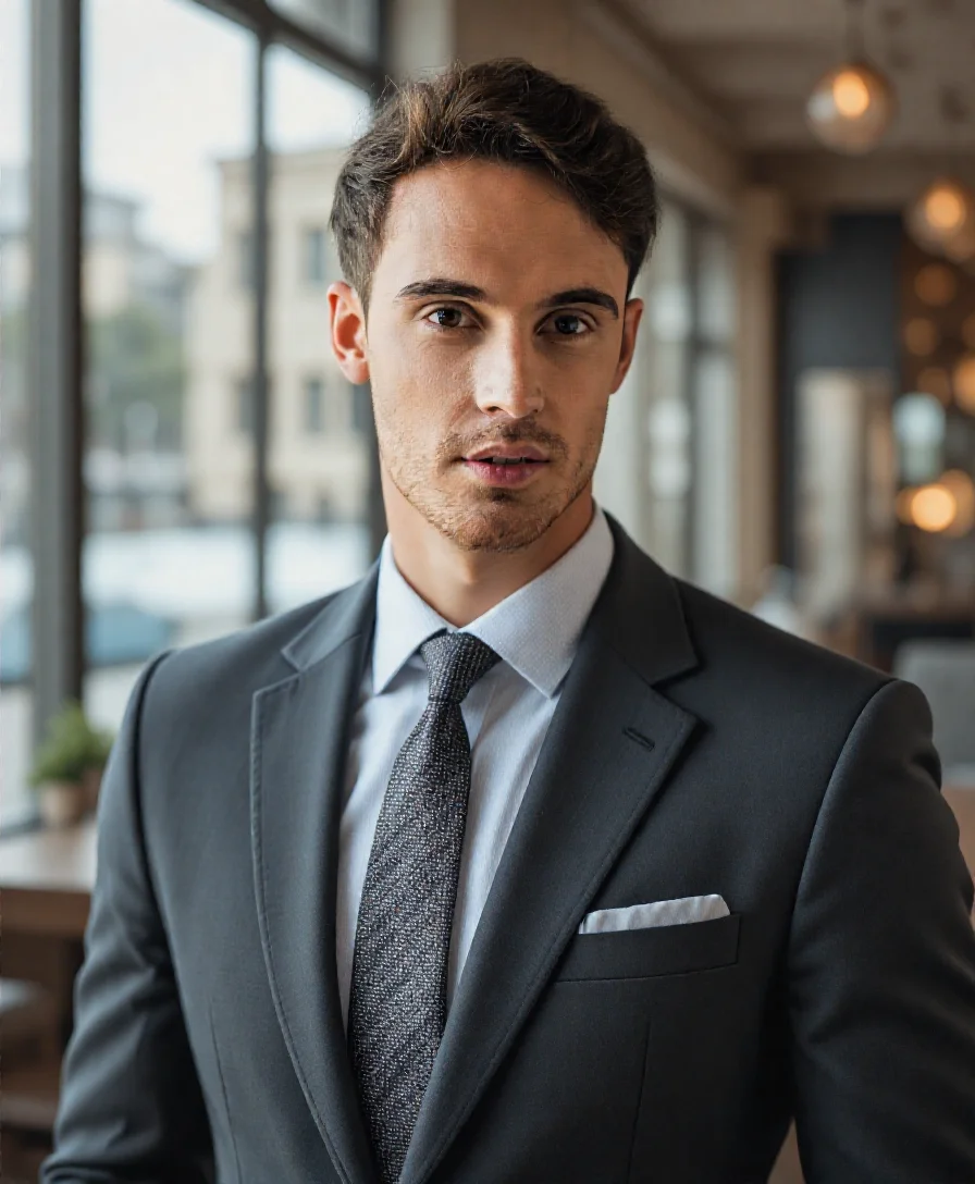 ai generato headshot professionale per ufficio in interni di un uomo che indossa un elegante abito grigio scuro, una camicia bianca e una cravatta grigia testurizzata da AI Ease