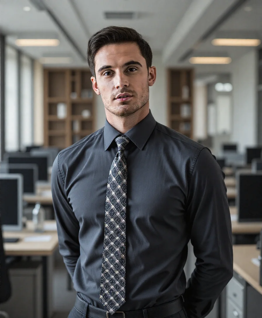 Immagine frontale generata ai di un uomo in un ufficio al chiuso con giacca e cravatta nera da AI Ease