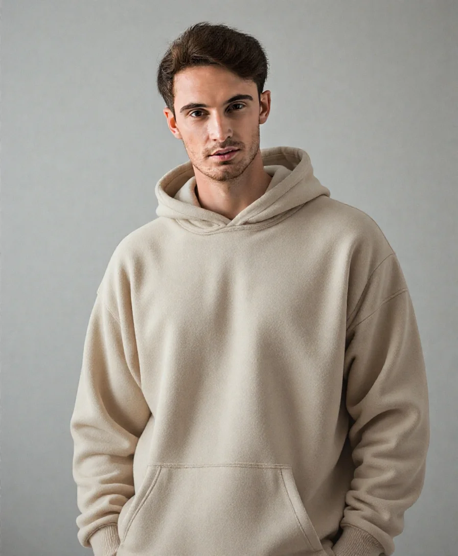 Foto di testa in studio casual generata ai di un uomo che indossa una felpa con cappuccio da AI Ease