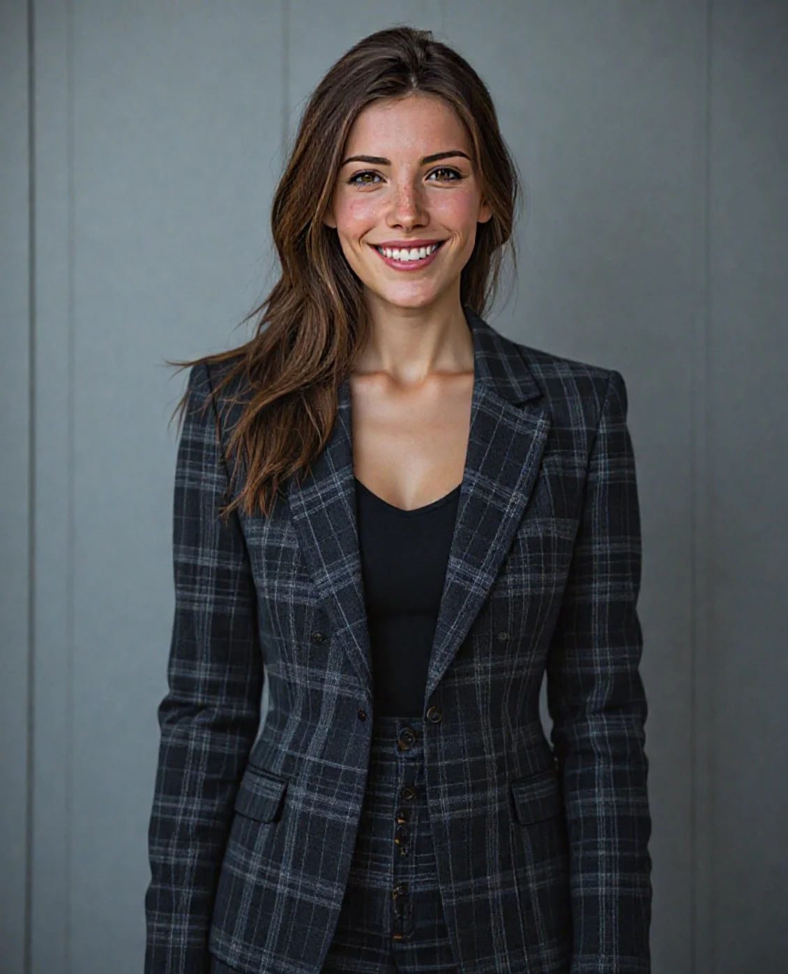 ai headshot di una donna con capelli ricci castani lunghi in abito da lavoro a righe con sfondo pulito