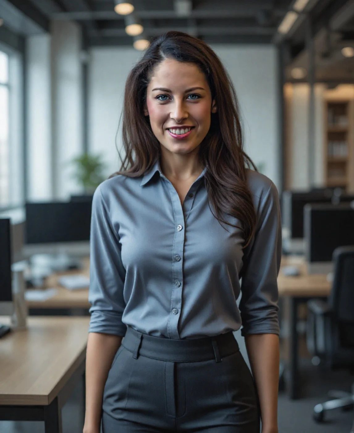 ai business headshot di una donna in camicia da lavoro blu argento
