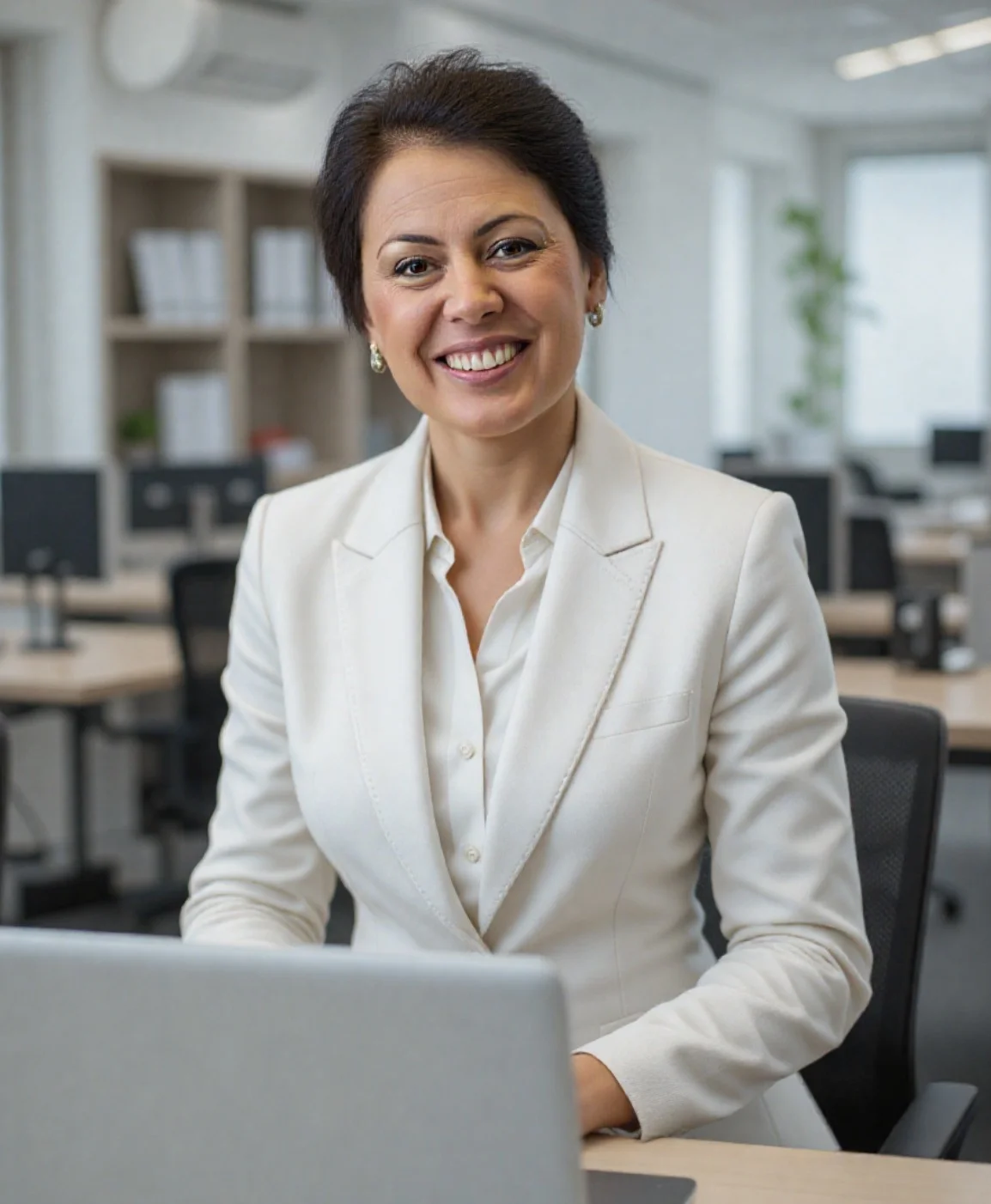 ai business headshot di una donna in abito da lavoro bianco