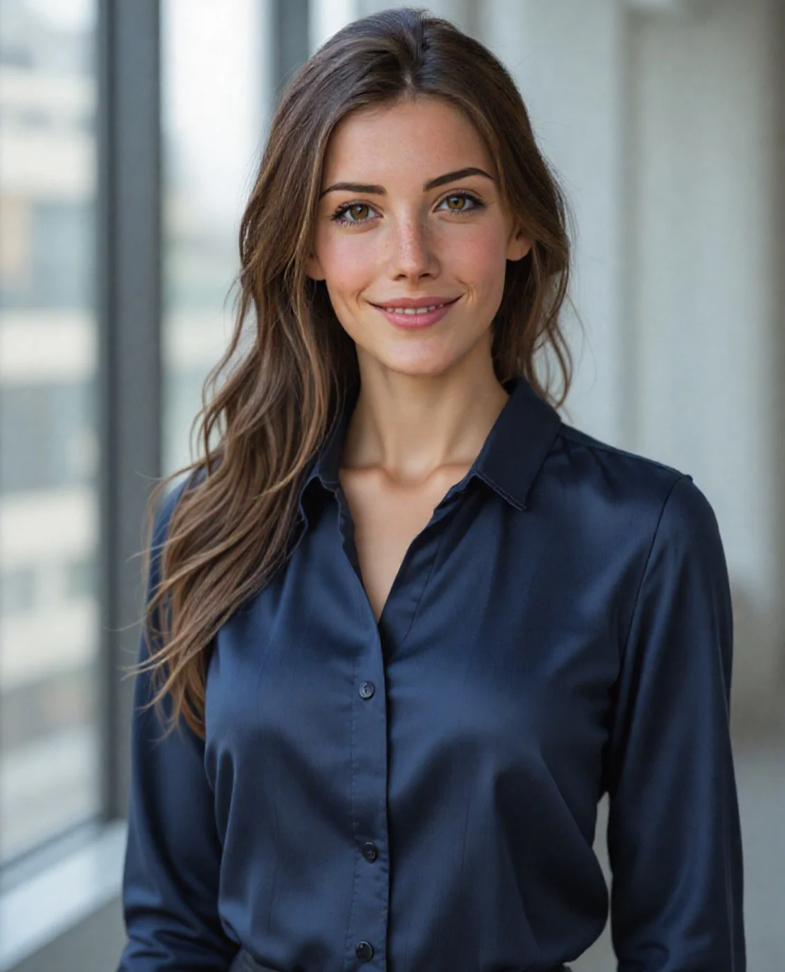 ai business corridoio interno headshot di una donna con lunghi capelli ricci castani in camicia blu argento