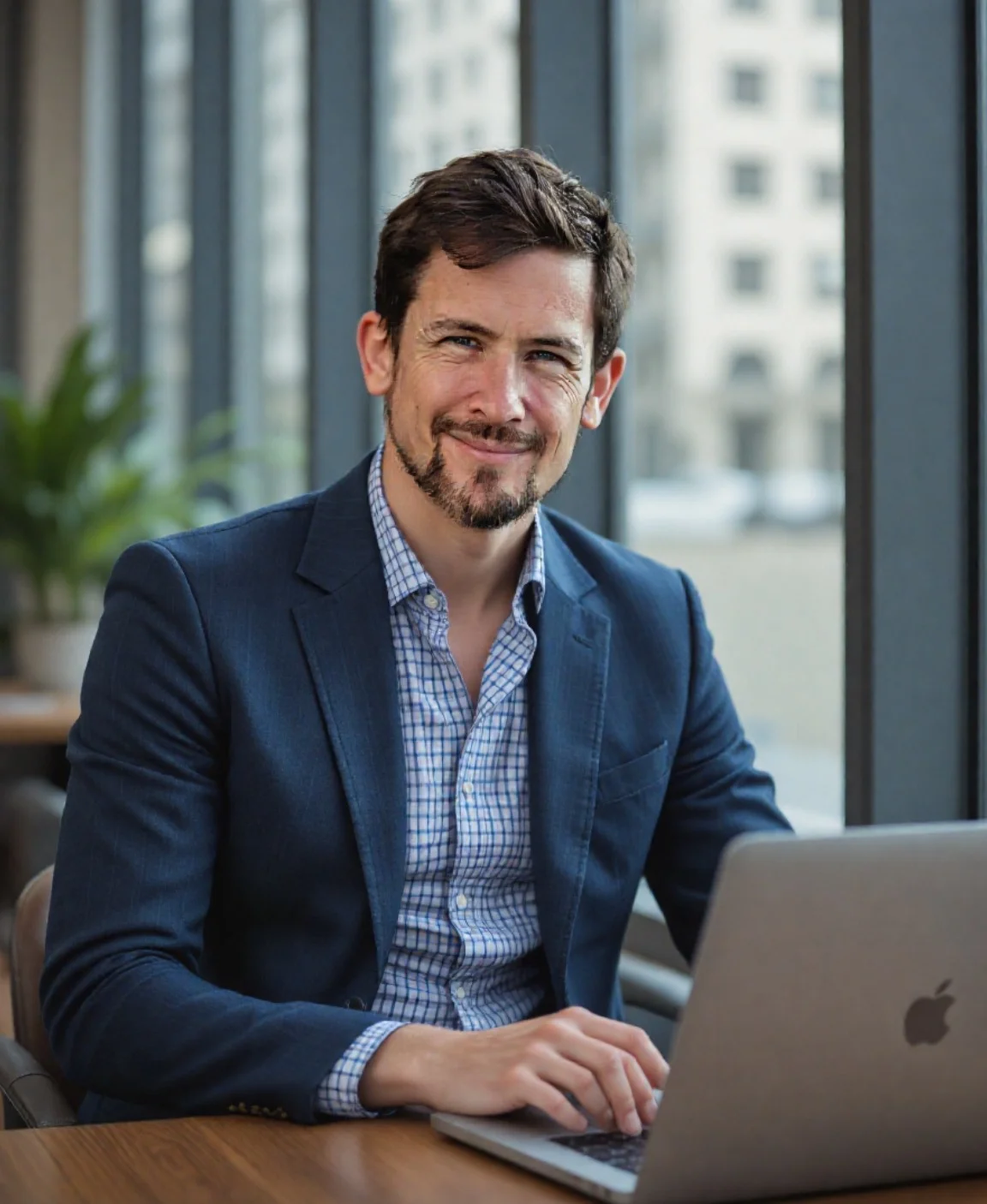 ai business headshot interno di un uomo in abito blu scuro seduto davanti a mac