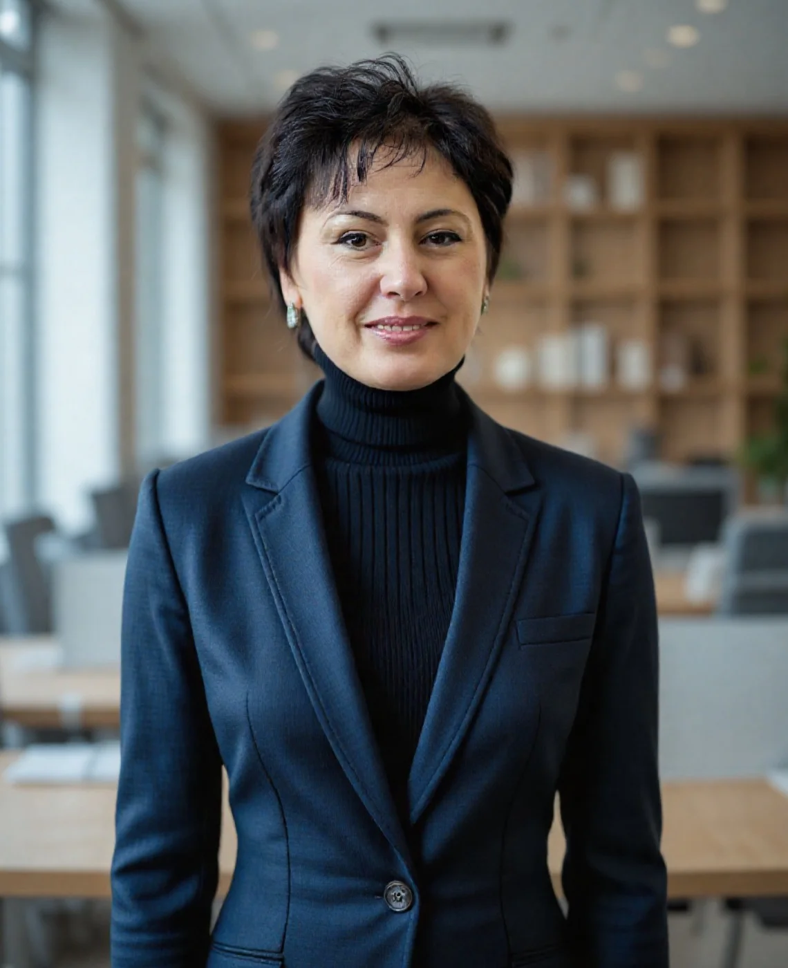 ai business indoor office headshot di una donna in abito blu scuro