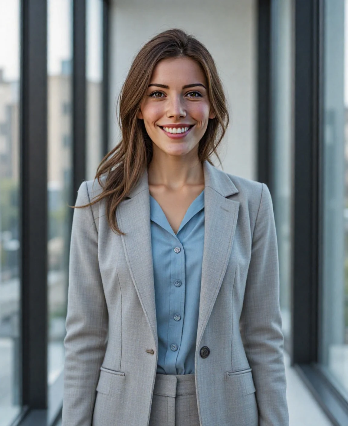 ai generato business corridoio interno headshot di una donna con lunghi capelli ricci castani in abito da lavoro grigio chiaro