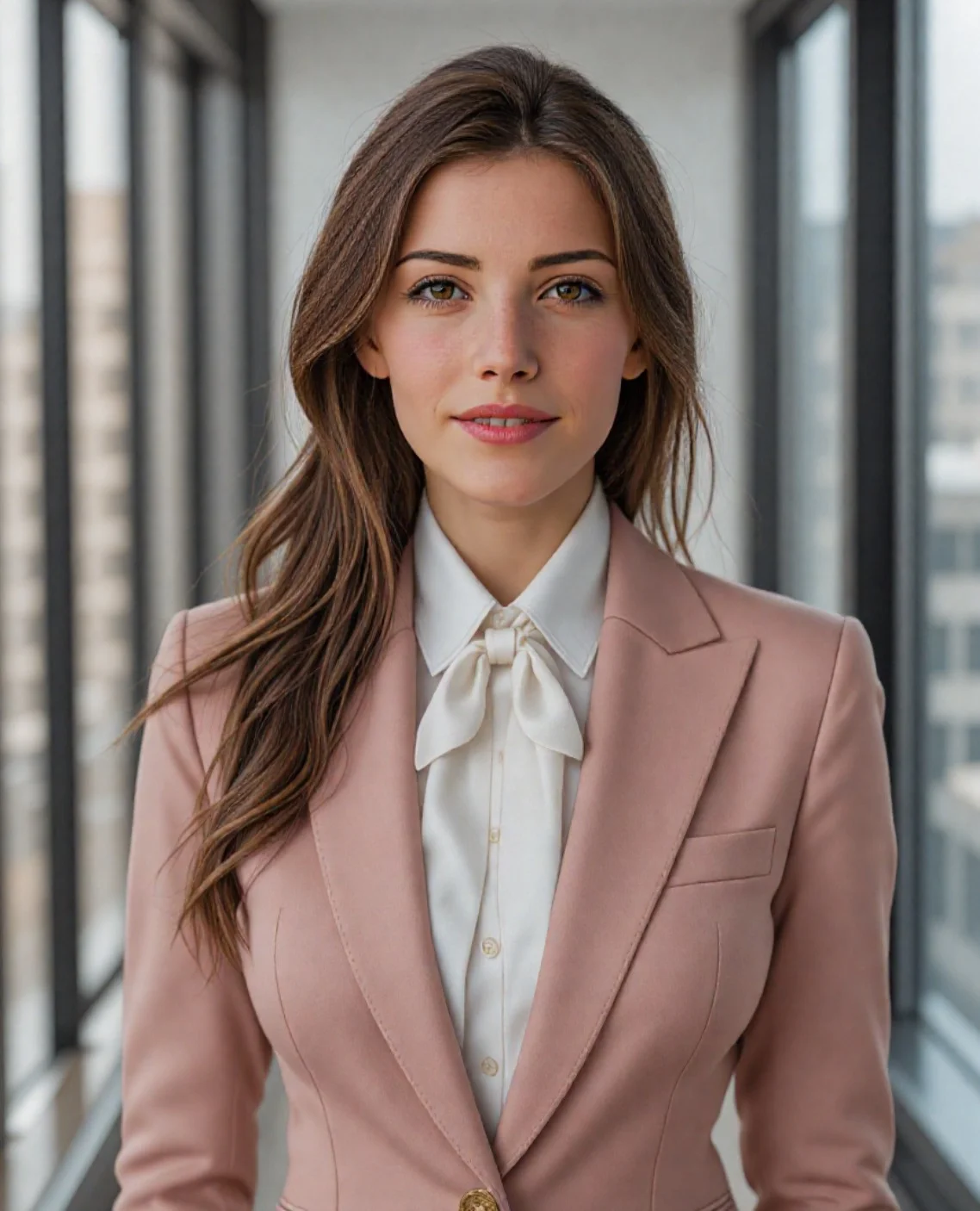 ai generato business corridoio interno headshot di una donna con lunghi capelli ricci castani in abito da lavoro rosa