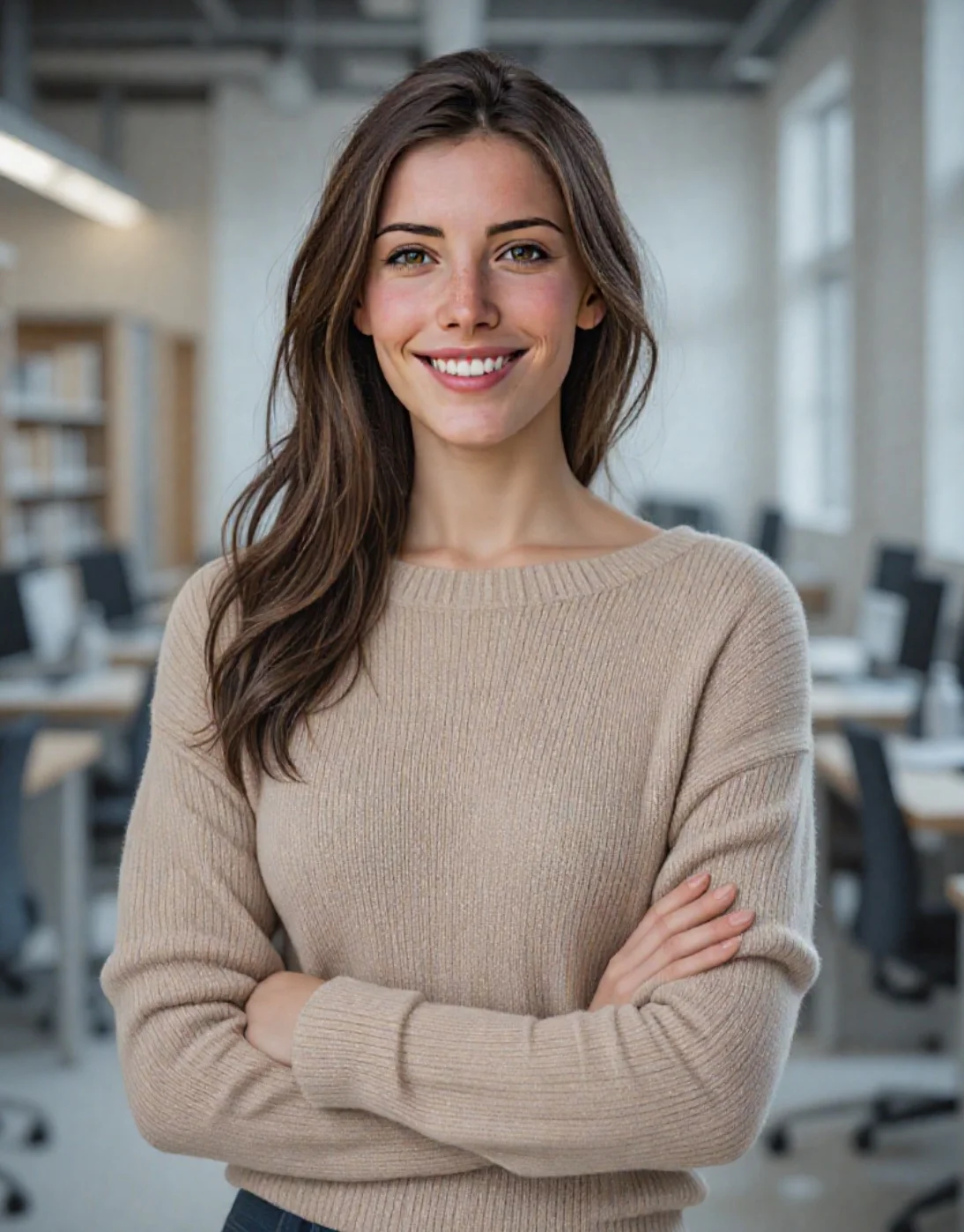 ai generato business headshot interno di una donna in maglione beige in ufficio