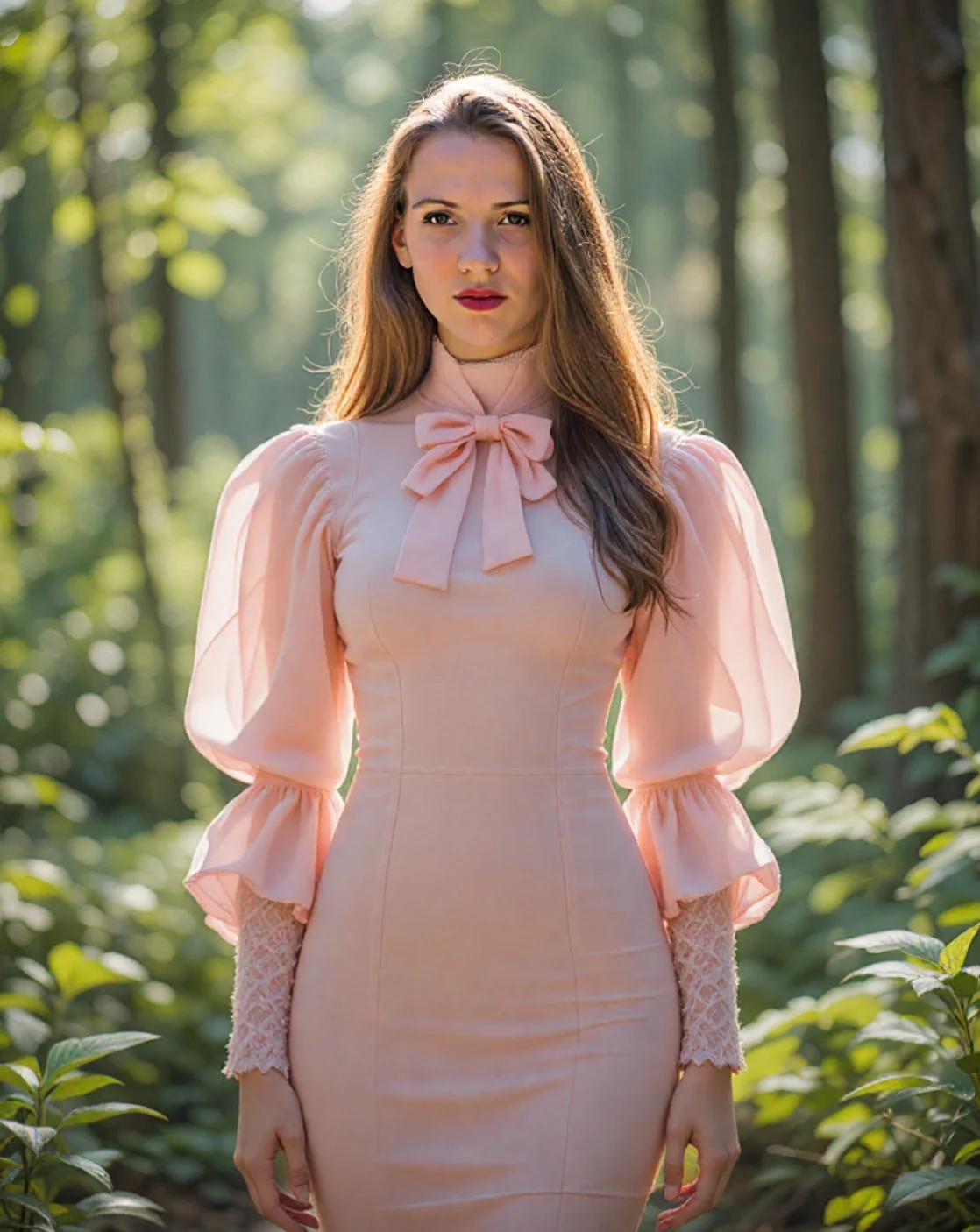 ai generato headshot di una donna in abito rosa con sfondo bosco