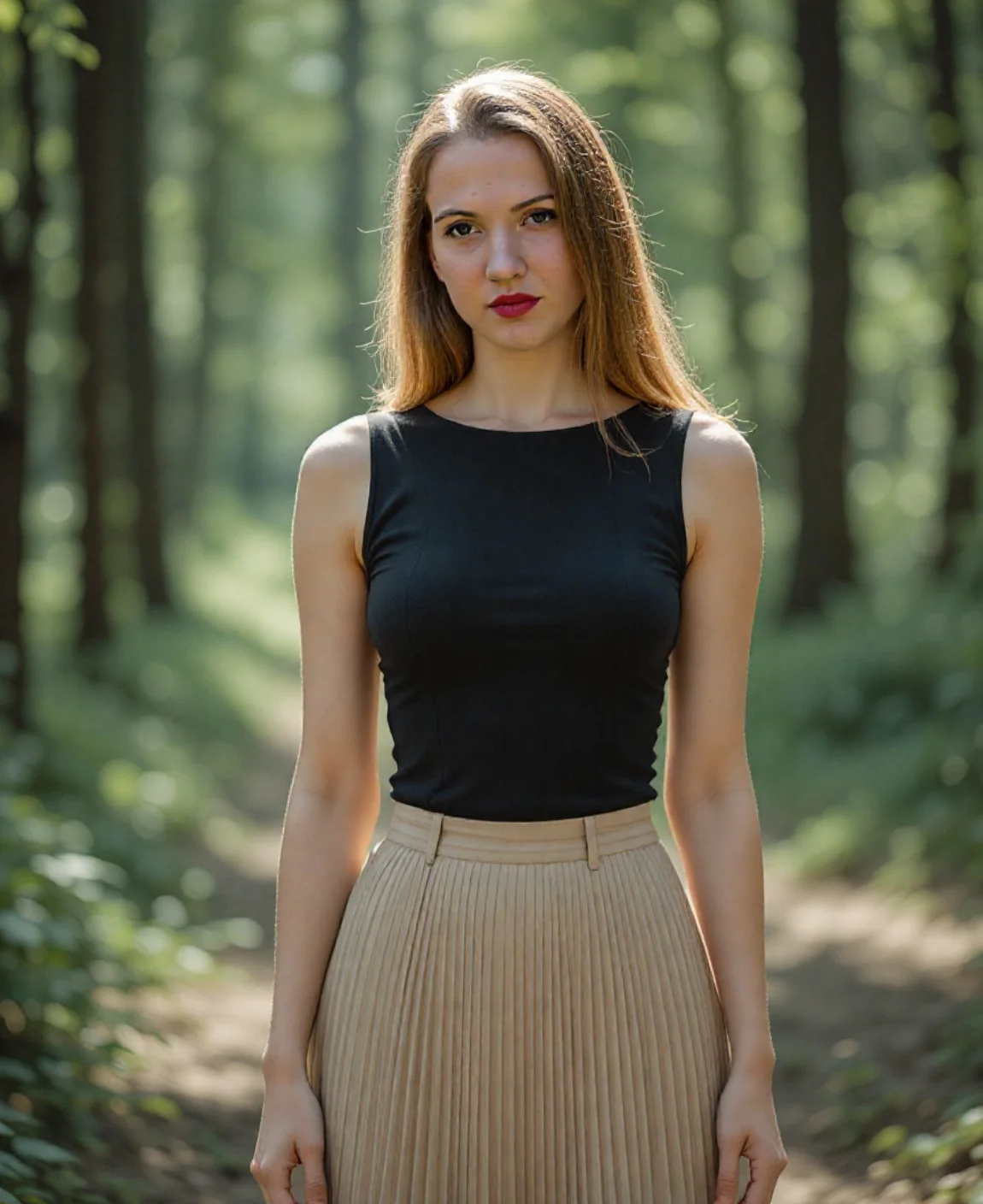 ai generato headshot femminile all'aperto con sfondo di bosco