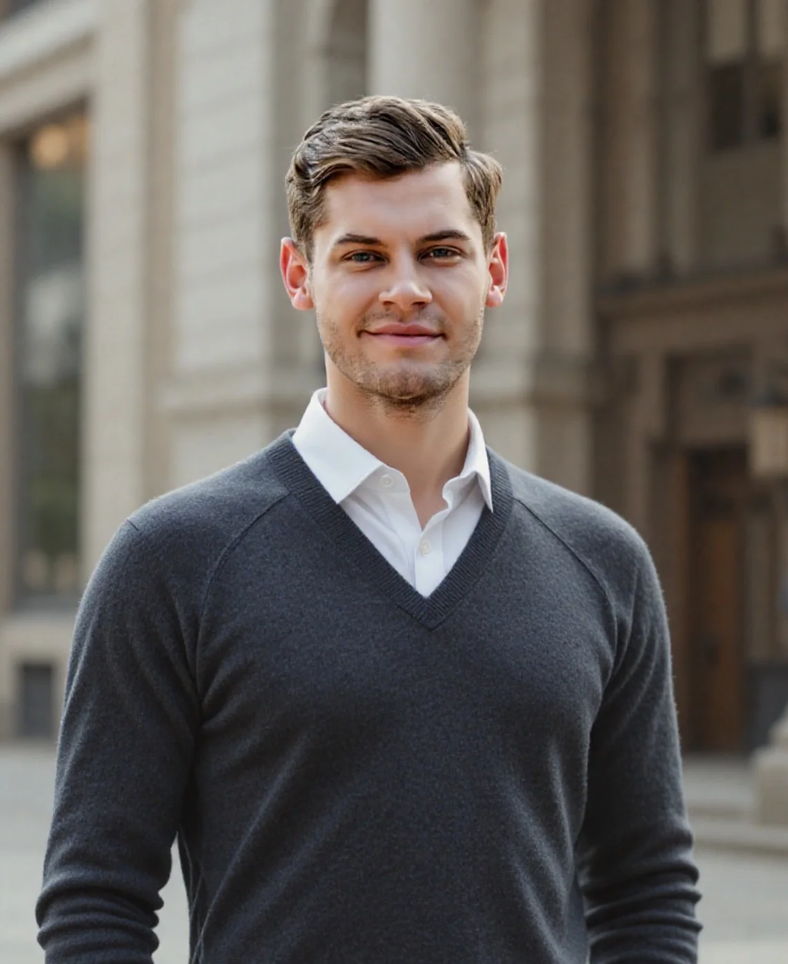 ai generato headshot all'aperto di un uomo in abito nero casual