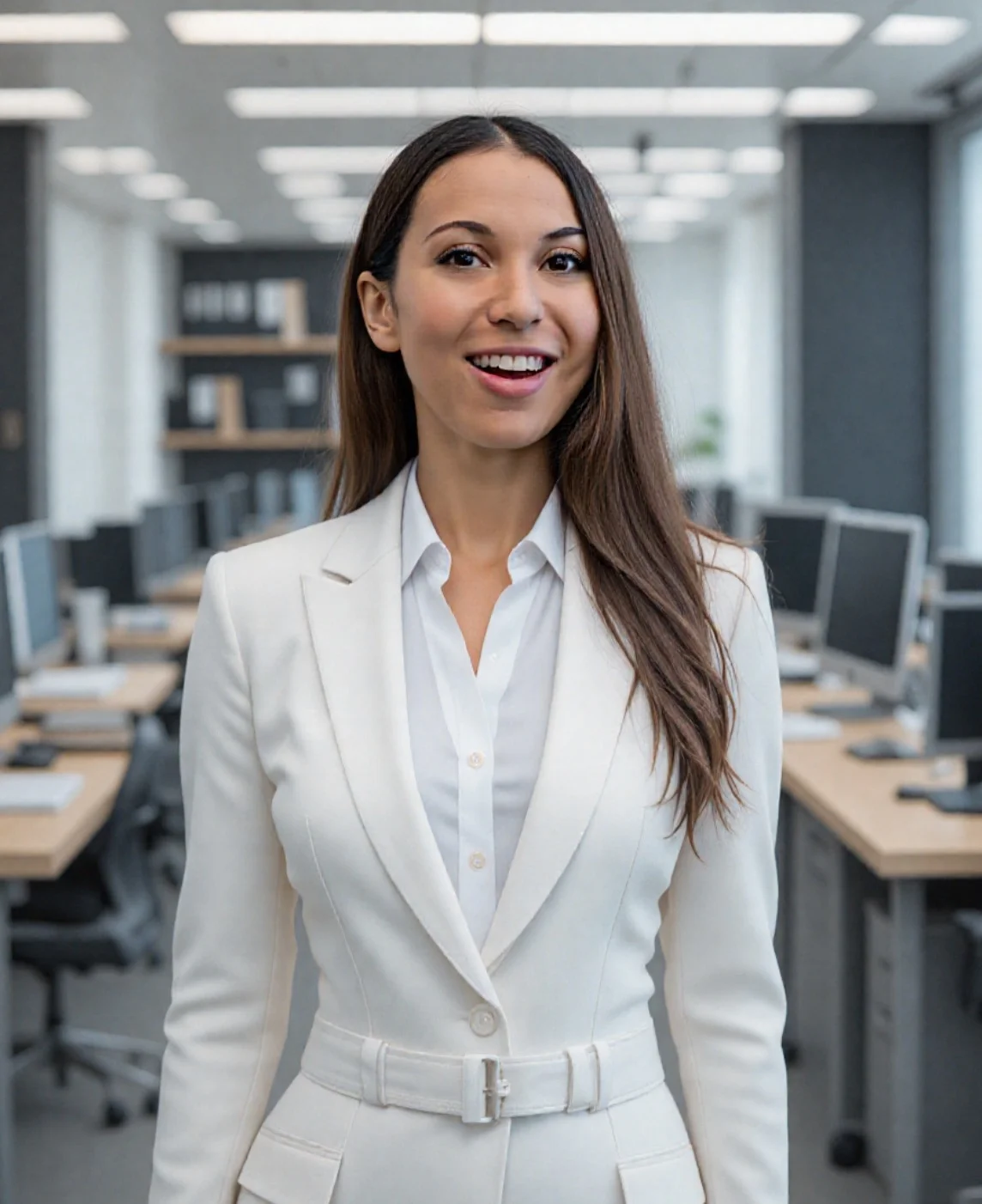 ai headshot di una donna in abito da lavoro bianco in piedi in ufficio