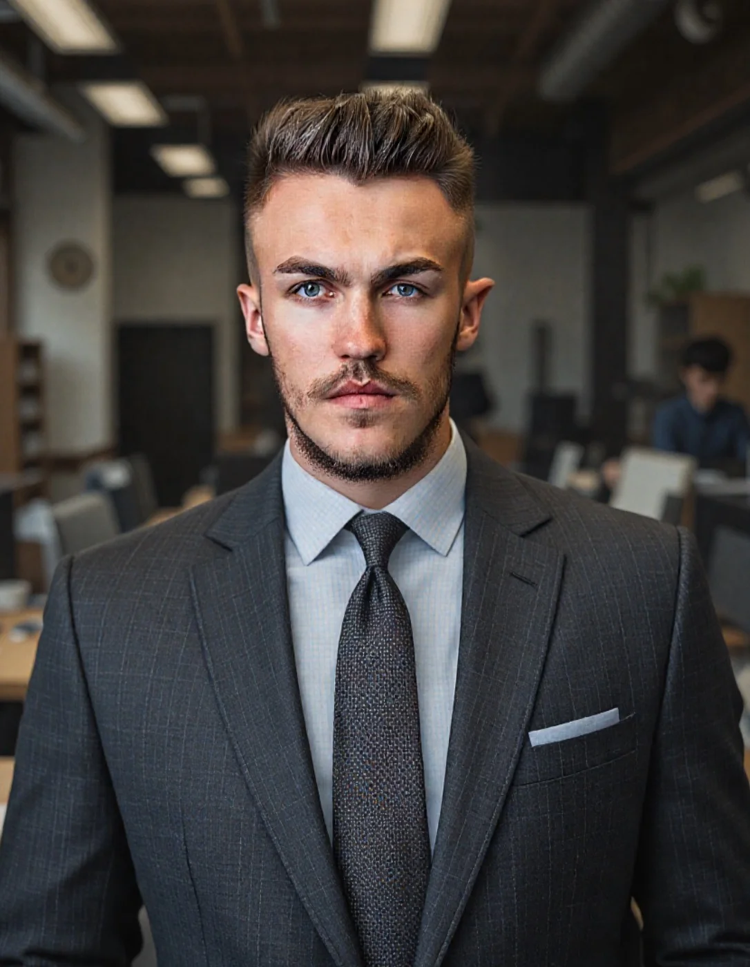 ai headshot di un uomo in abito nero con sfondo ufficio