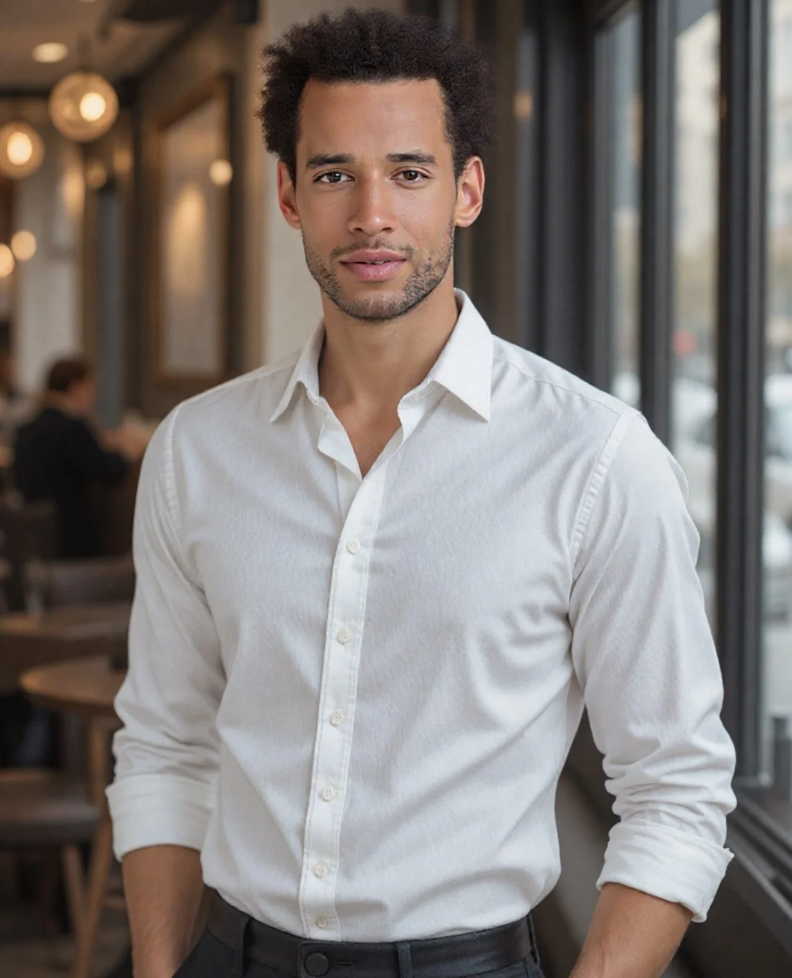 ai indoor business headshot di un uomo in camicia bianca