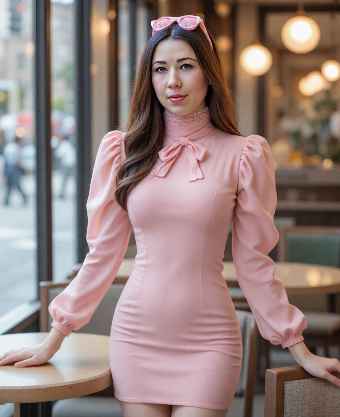 ai indoor casual headshot di una femmina in abito rosa