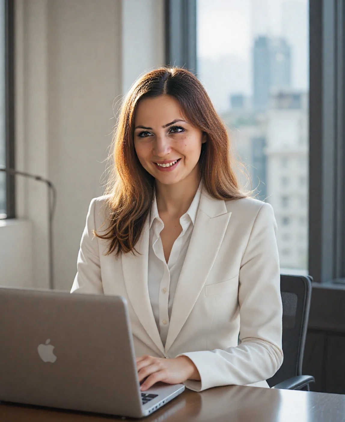 ai ufficio business femmina indoor headshot con abito da lavoro bianco