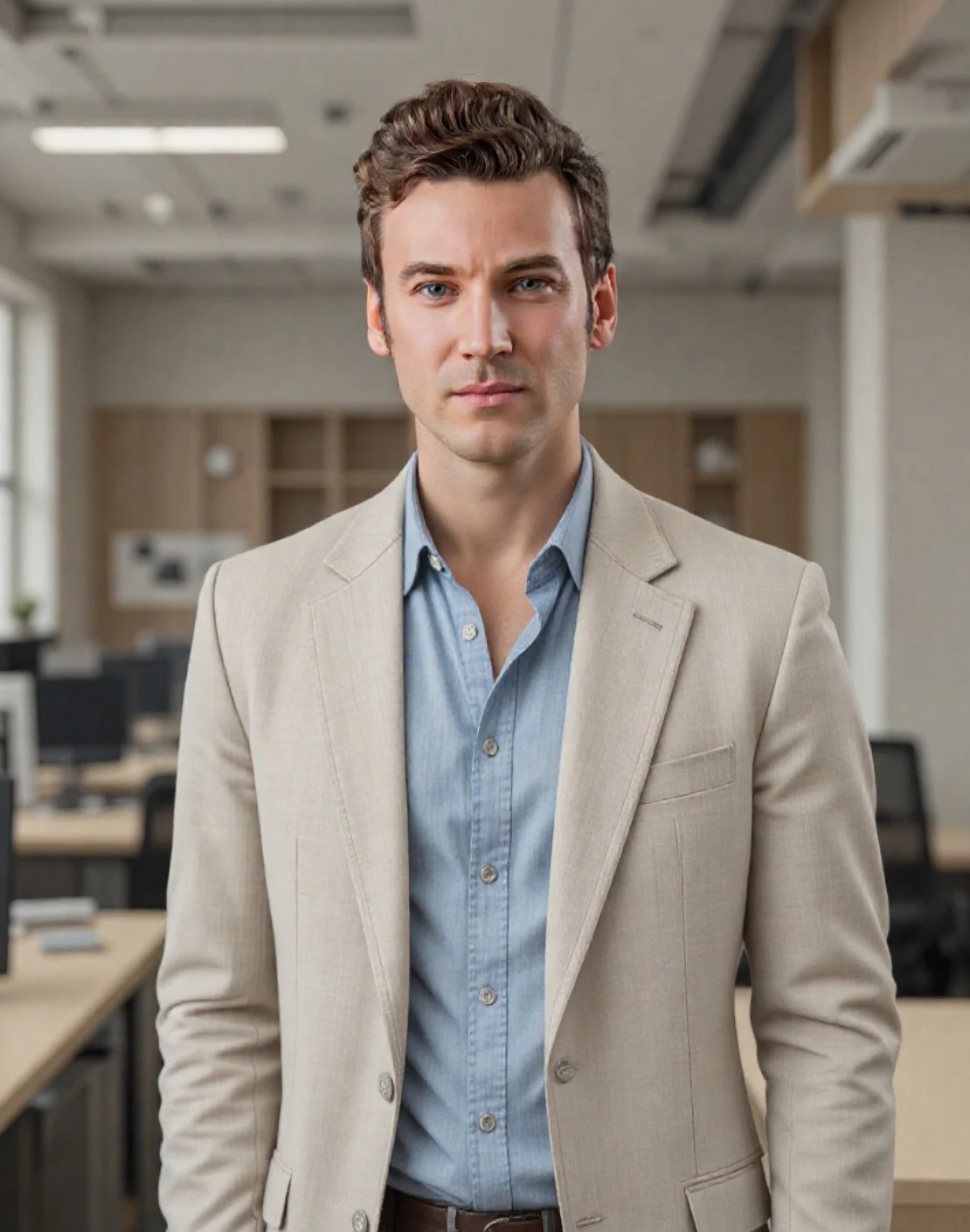 ai office business headshot di un uomo in abito beige e blu