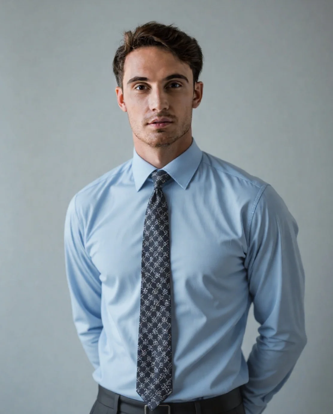 ai office headshot di un uomo in camicia da lavoro blu e cravatta