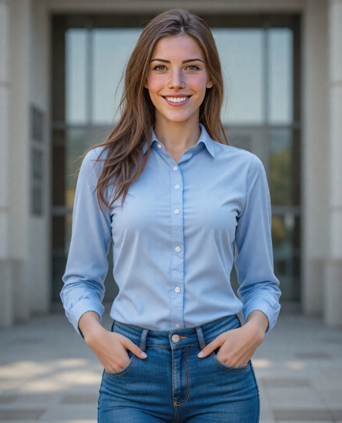 ai outdoor business headshot di una donna con capelli ricci lunghi castani in camicia blu con sfondo edificio