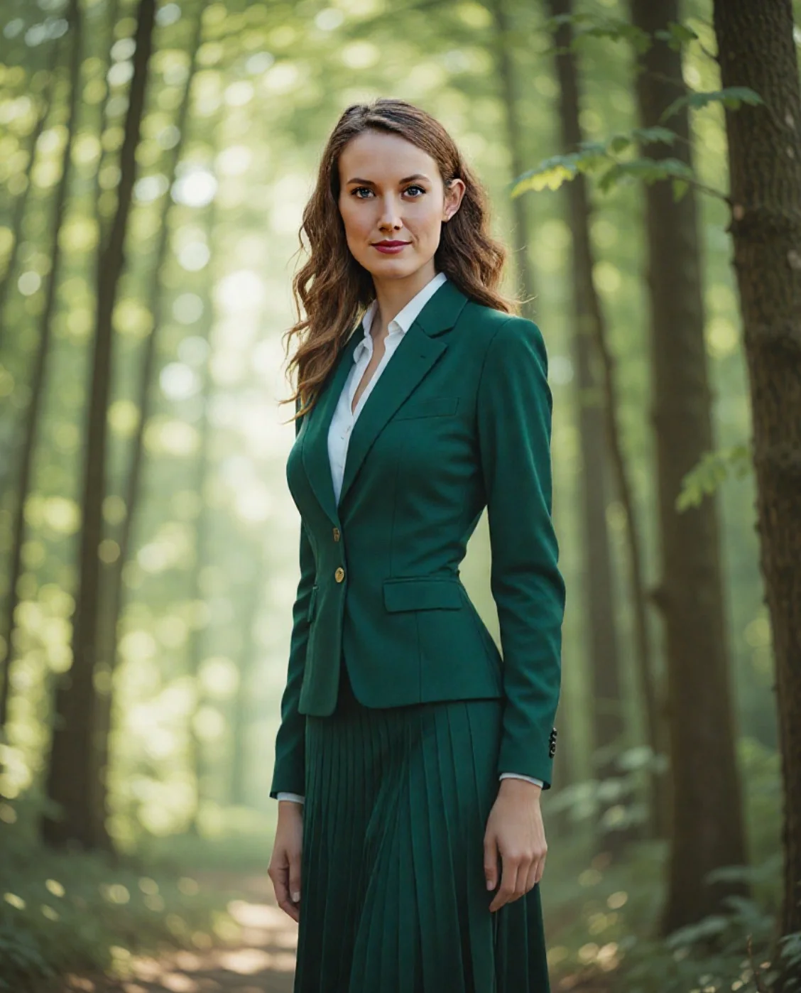 ai outdoor female headshot with green business dress