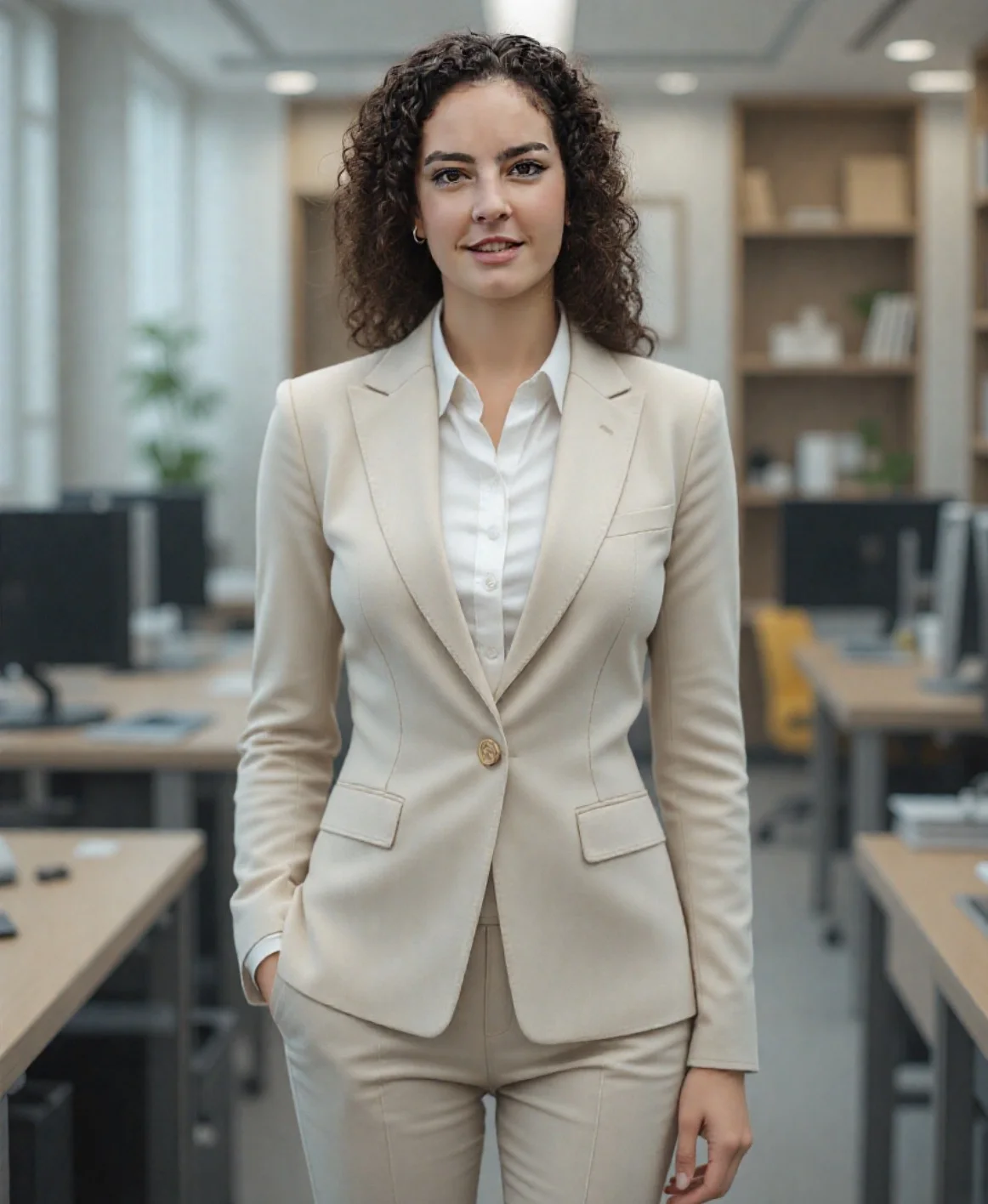 ai professionale ufficio headshot di una donna in abito beige