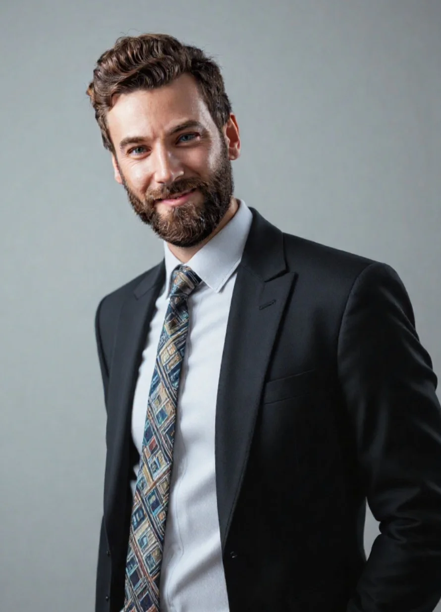 ai studio business headshot di un uomo in abito bianco e nero