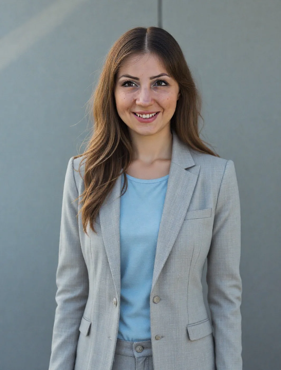 ai studio headshot di una donna in abito grigio