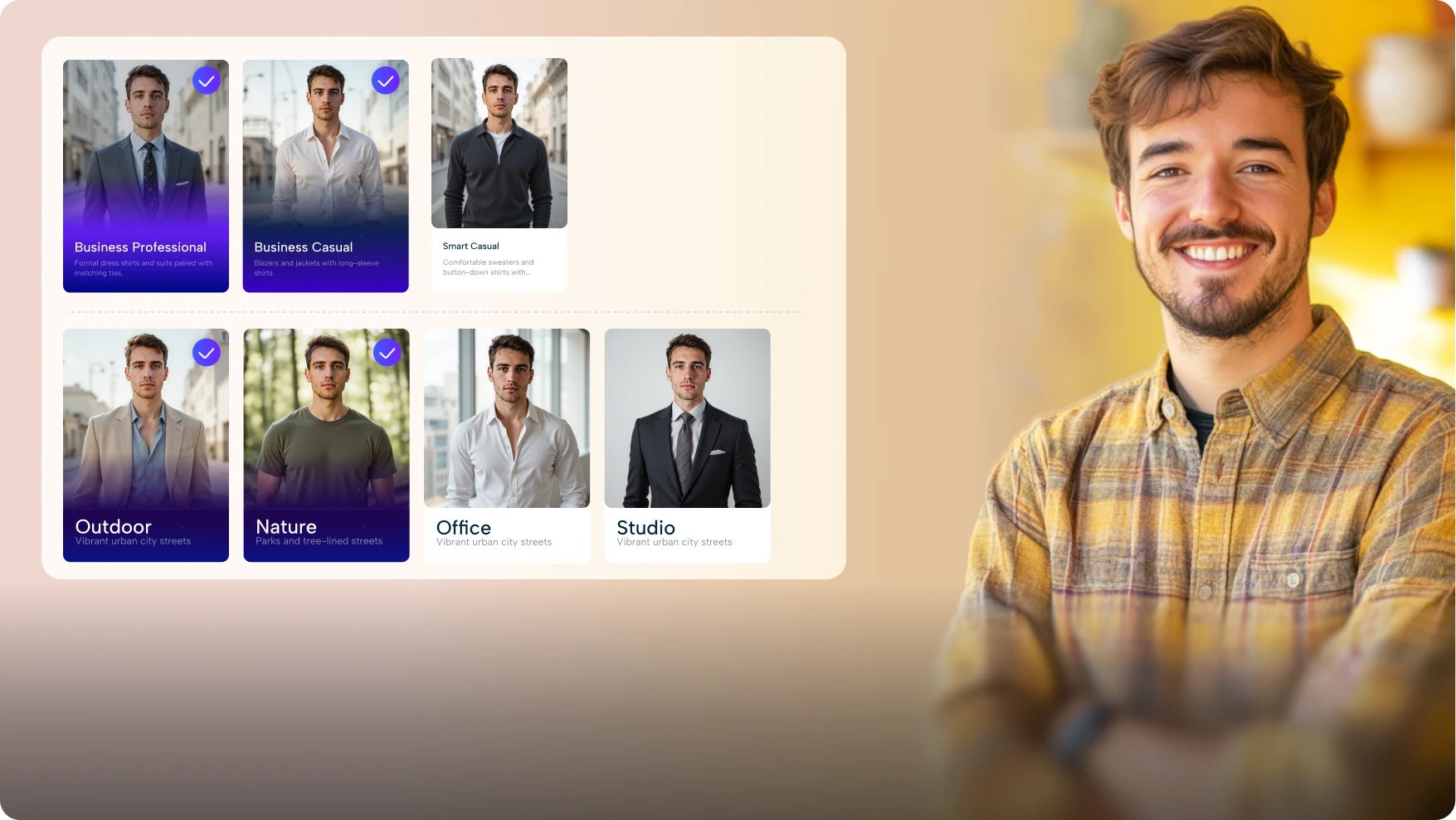 Scegliere lo sfondo e l'abbigliamento preferiti per la generazione di fototessere in AI Ease.