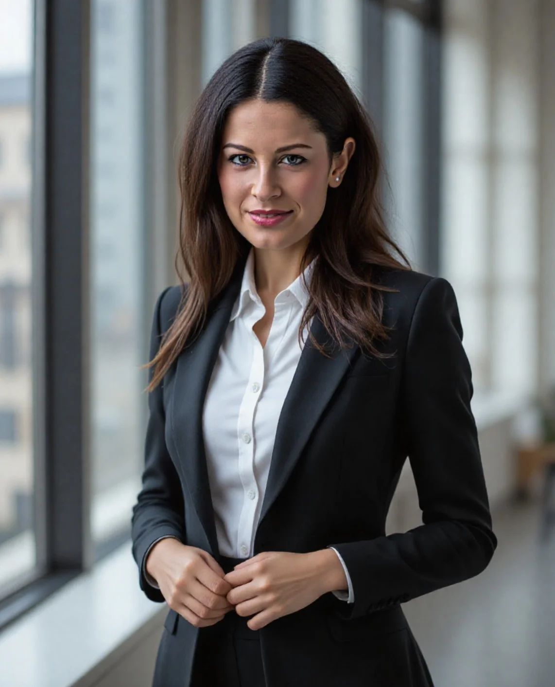 headshot femminile professionale ai con abito da lavoro in bianco e nero