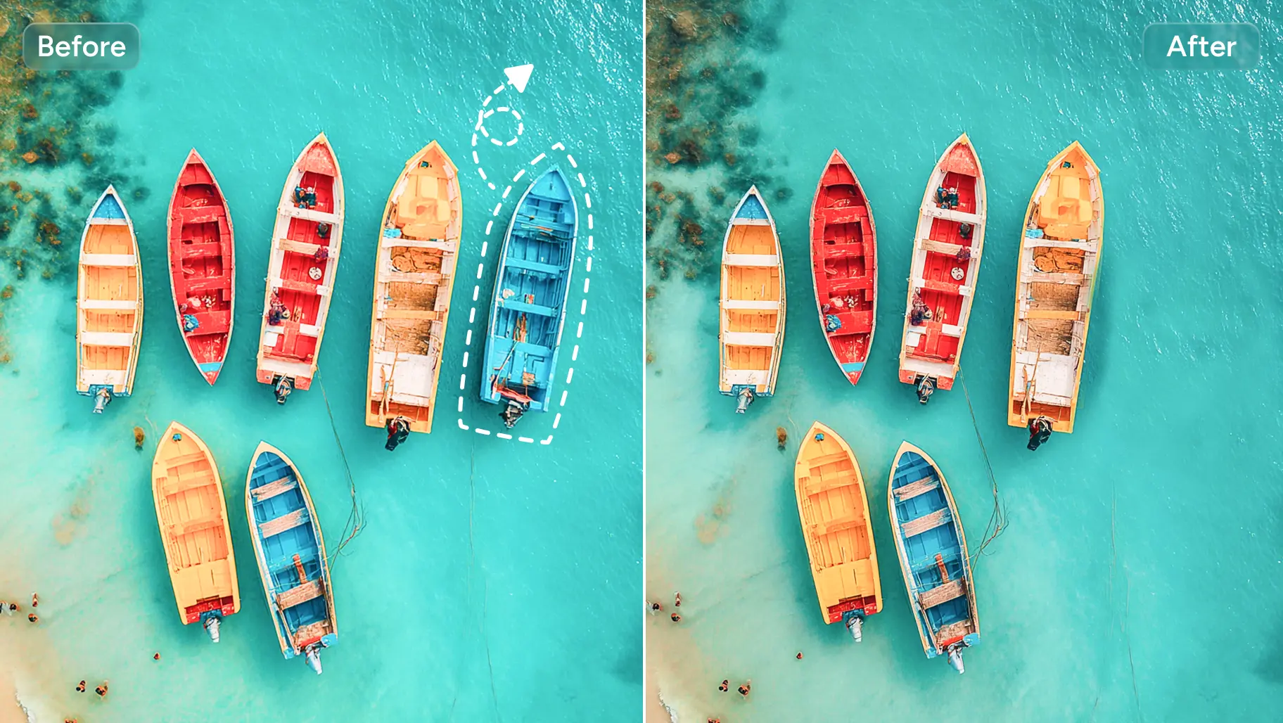avant et après comparaison du retrait du bateau de l'image avec six autres bateaux