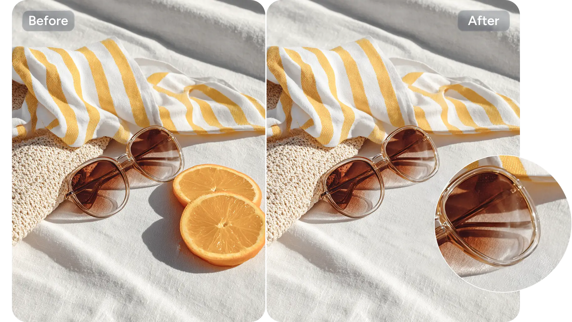 effet avant et après avoir effacé l'orange de l'image avec des lunettes de soleil et un foulard