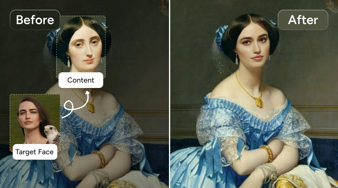 Effet avant et après l'échange du visage de la femme avec un modèle de style peinture à l'huile royale classique