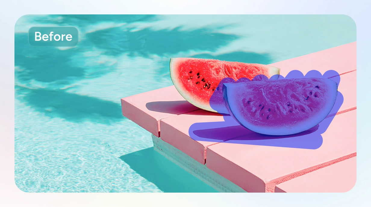 deux tranches de pastèque placées au bord de la piscine, dont une peinte avec notre pinceau