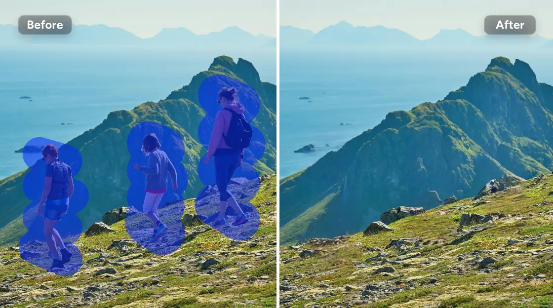 Vorher-Nachher-Kontrast der Entfernung von drei Personen aus der Berglandschaft