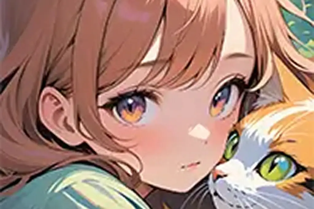 vor dem Effekt eines verschwommenen Anime-Mädchens, das eine Katze hält