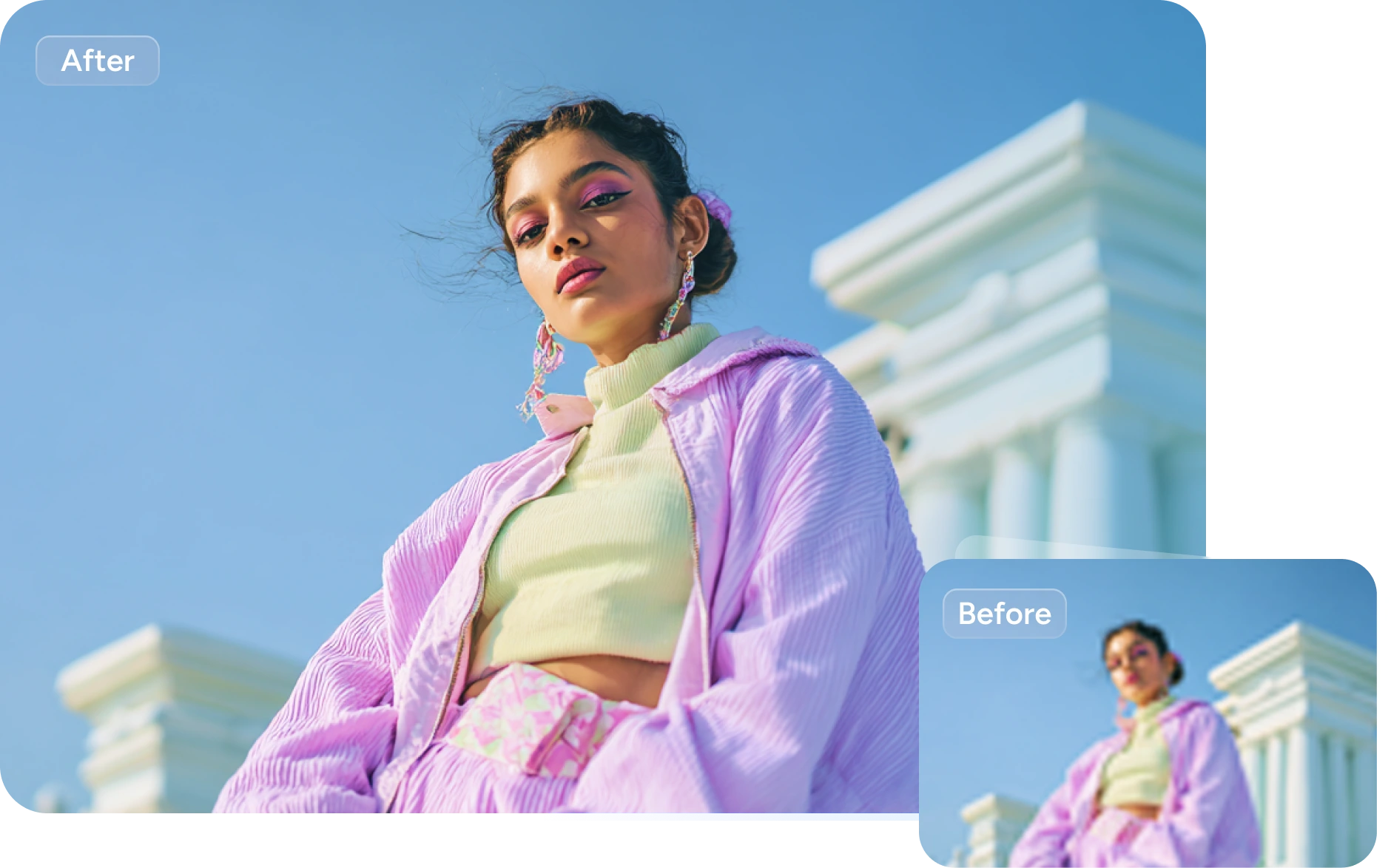 das weibliche Bild im lila Outfit mit dem kostenlosen Online-Fotoverstärker von AI Ease verbessern