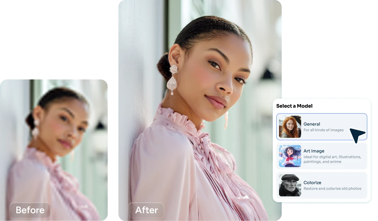 das allgemeine Modell im Online-KI-Fotoverstärker von AI Ease auswählen, um die weibliche Fotoqualität zu verbessern