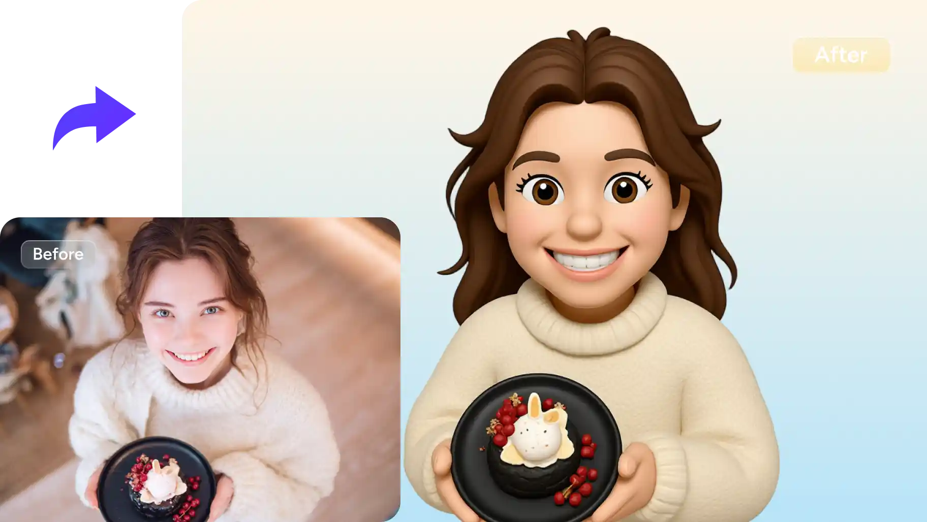 before and after comparison of a woman in white winter sweater image turned into cute emoji character