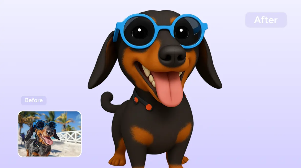 before and after effects of converting a dachshund wearing blue glasses image into emoji