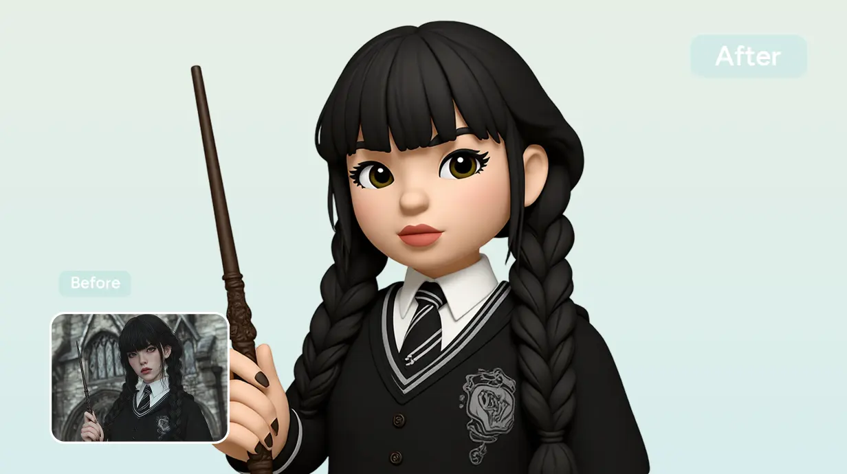 before and after effects of converting a girl wearing black knittng college sweater image into emoji